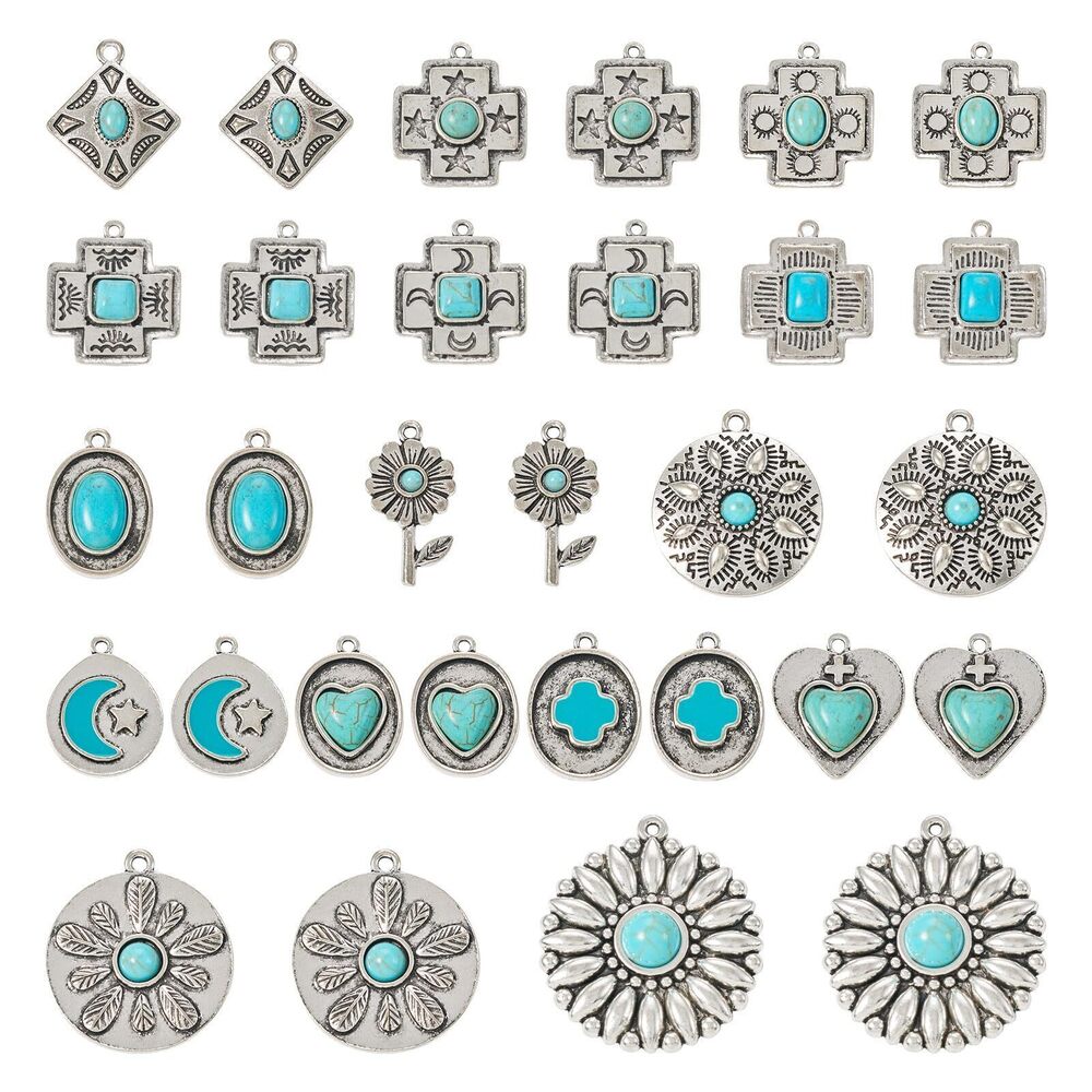1007 pandahall 30Pcs Tibetan Style Turquoise Charms Bohemian Alloy Cross